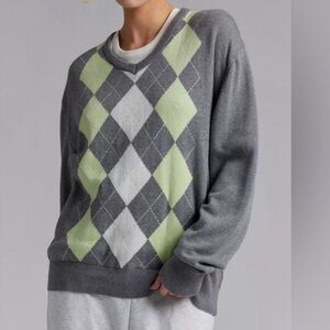 Urban Outfitters BDG Tashi Argyle Oversized V-Neck Sweater